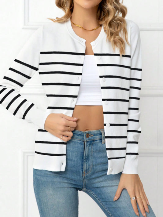 Striped Round Neck Button Up Cardigan