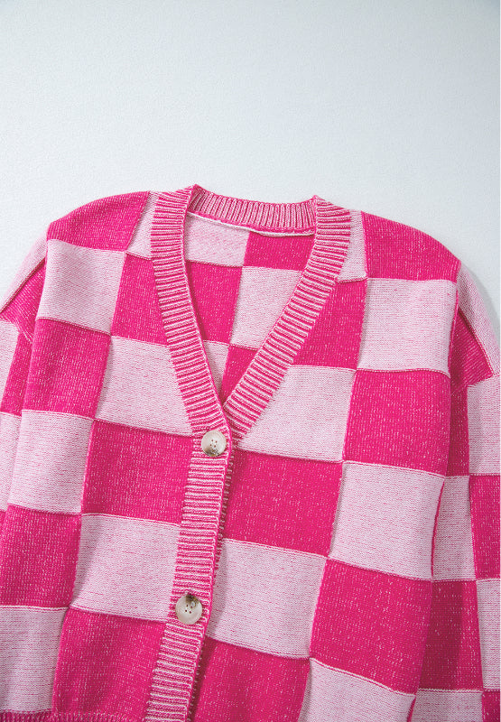 Checkered V-Neck Long Sleeve Cardigan