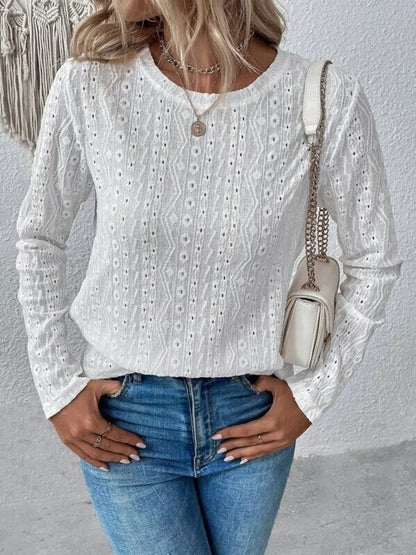 Eyelet Round Neck Long Sleeve Blouse