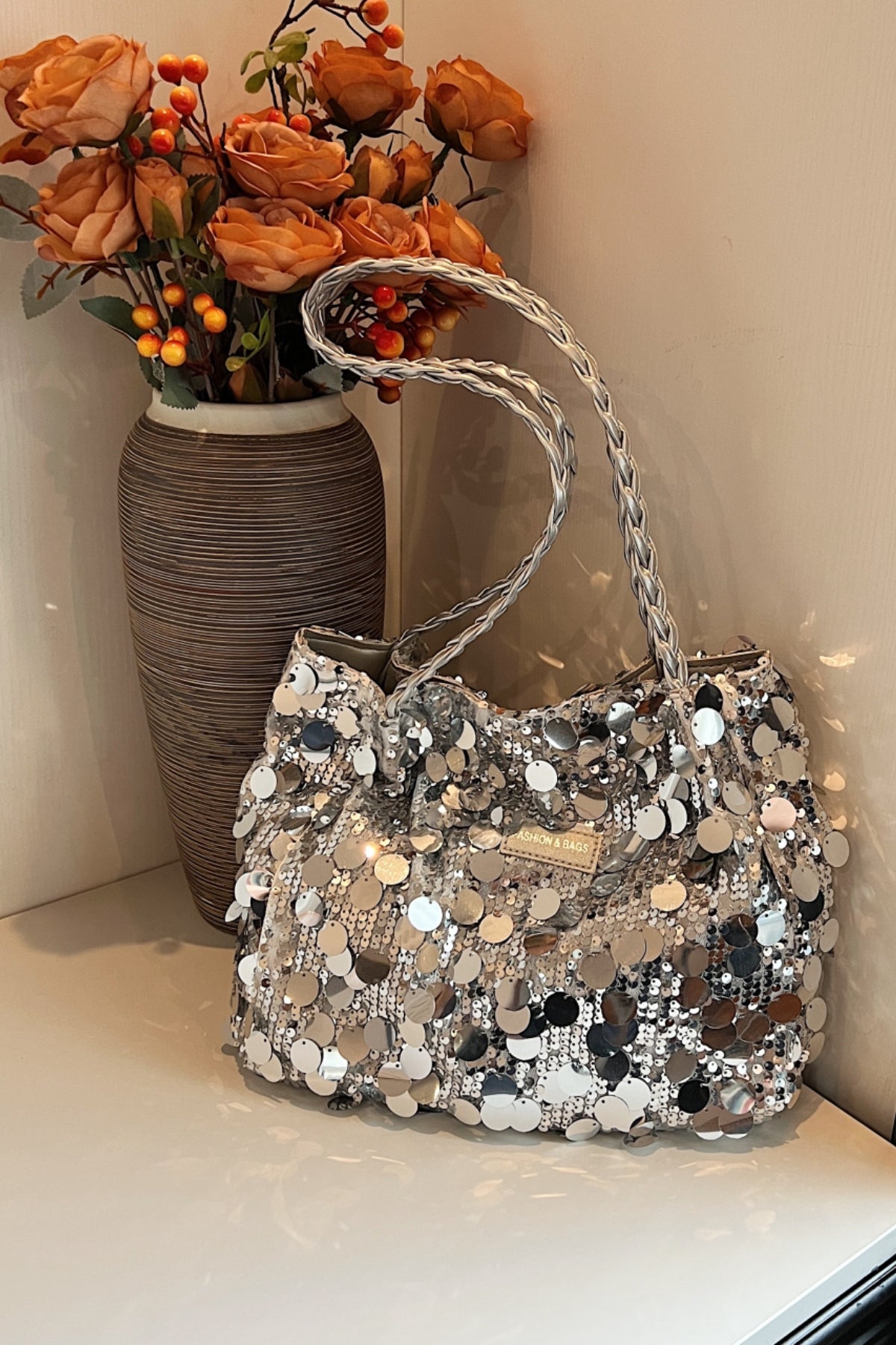 Sequin Braided Strap Shoulder Bag