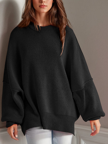 Double Take Side Slit Round Neck Long Sleeve Sweater