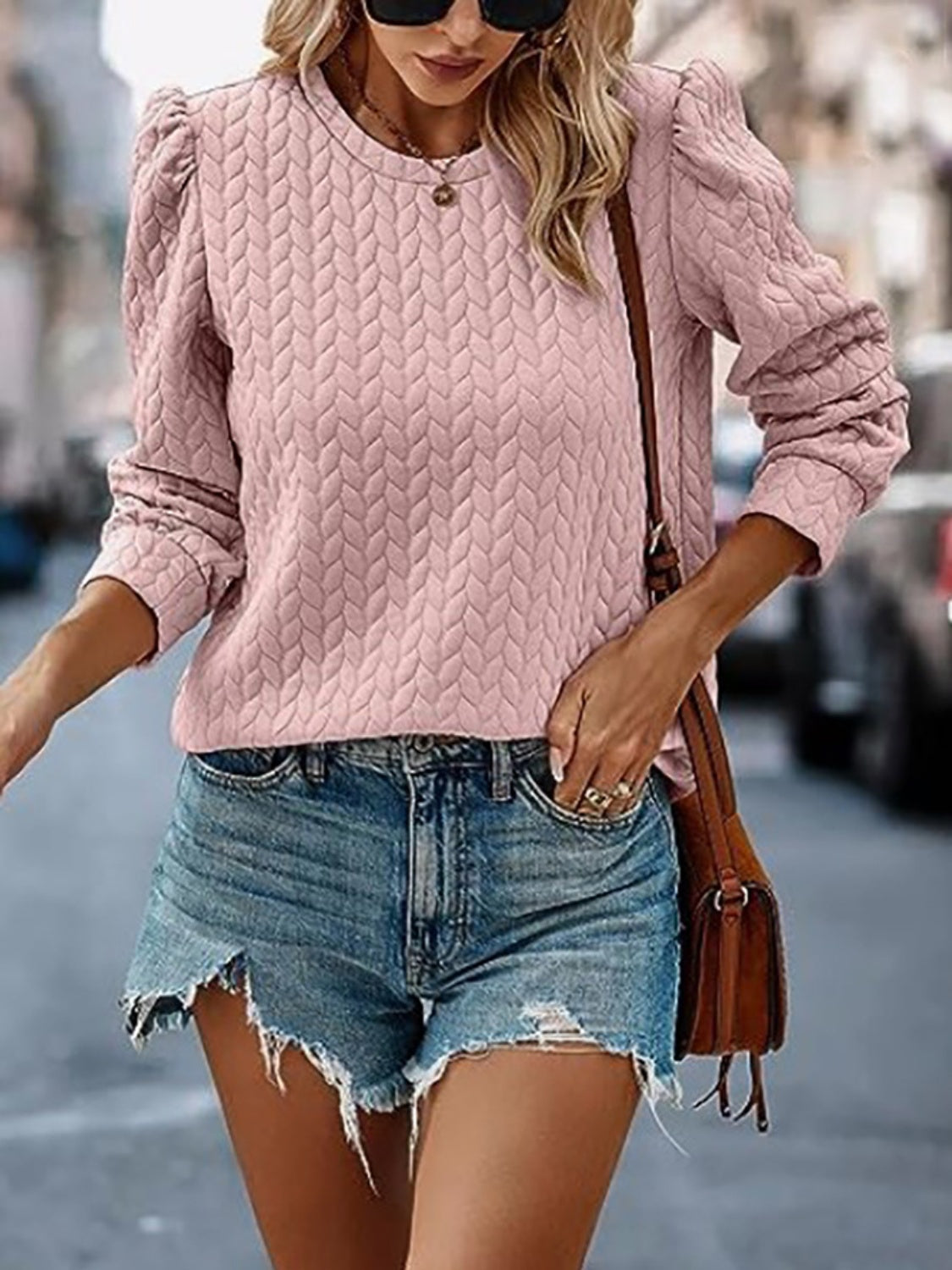 Textured Round Neck Long Sleeve Sweatshirt