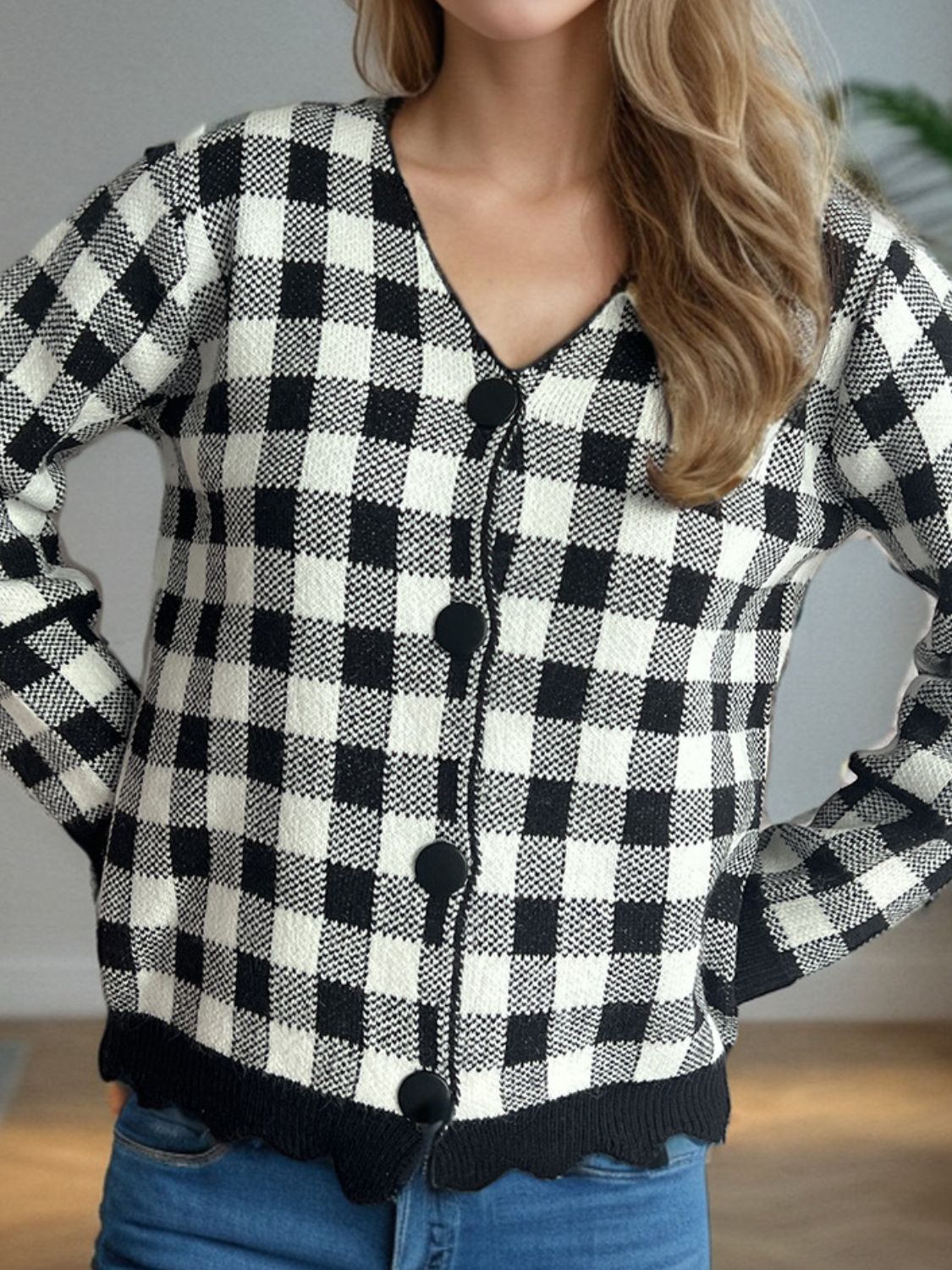 Plaid V-Neck Button Up Cardigan