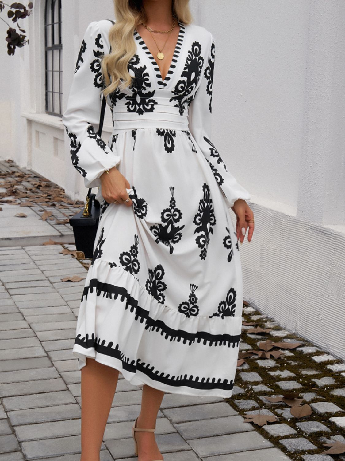 Ruffled Printed Plunge Long Sleeve Dress