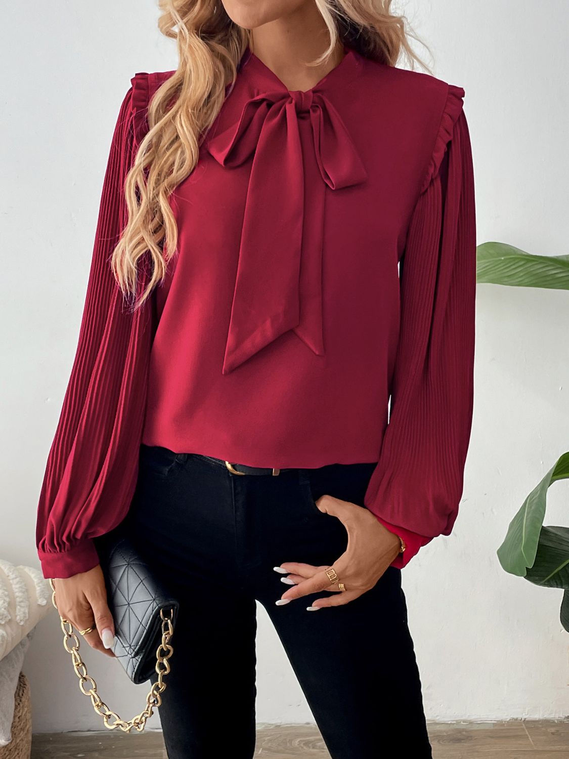 Perfee Frill Tie Neck Long Sleeve Blouse