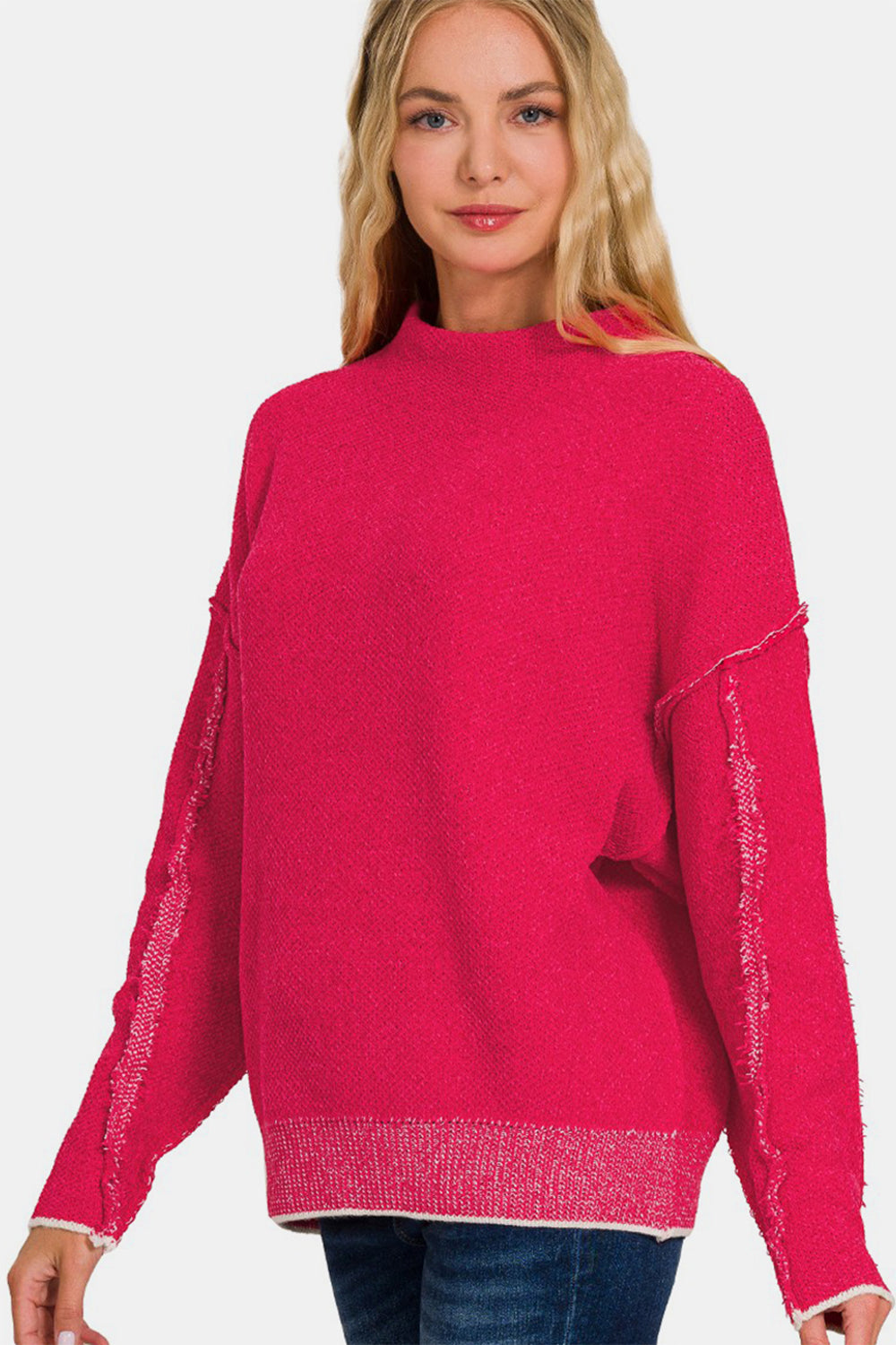 Zenana Exposed Seam Mock Neck Long Sleeve Sweater