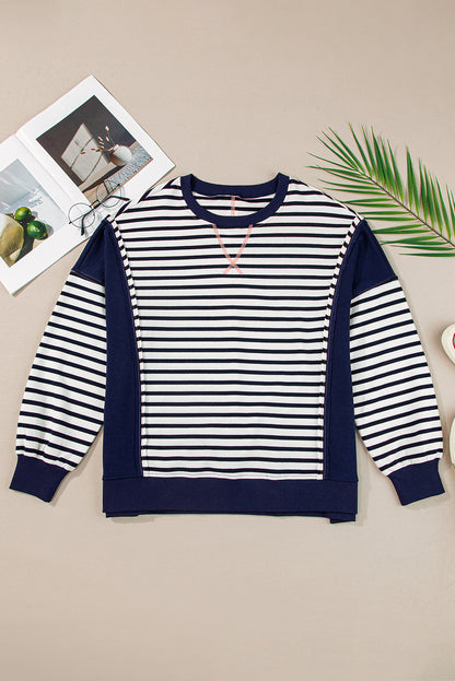 Exposed Seam Striped Long Sleeve Sweatshirt