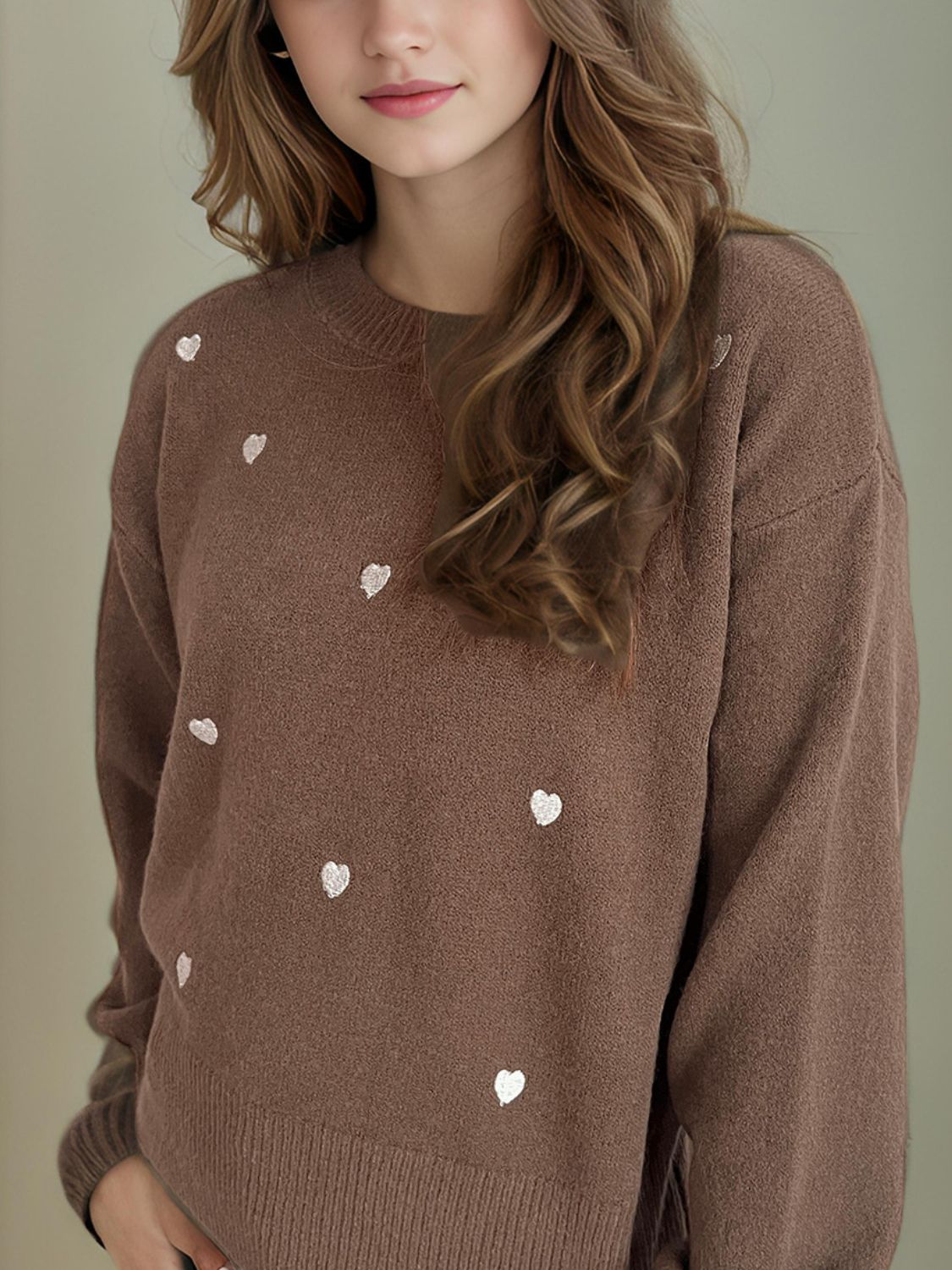 Heart Round Neck Long Sleeve Sweater