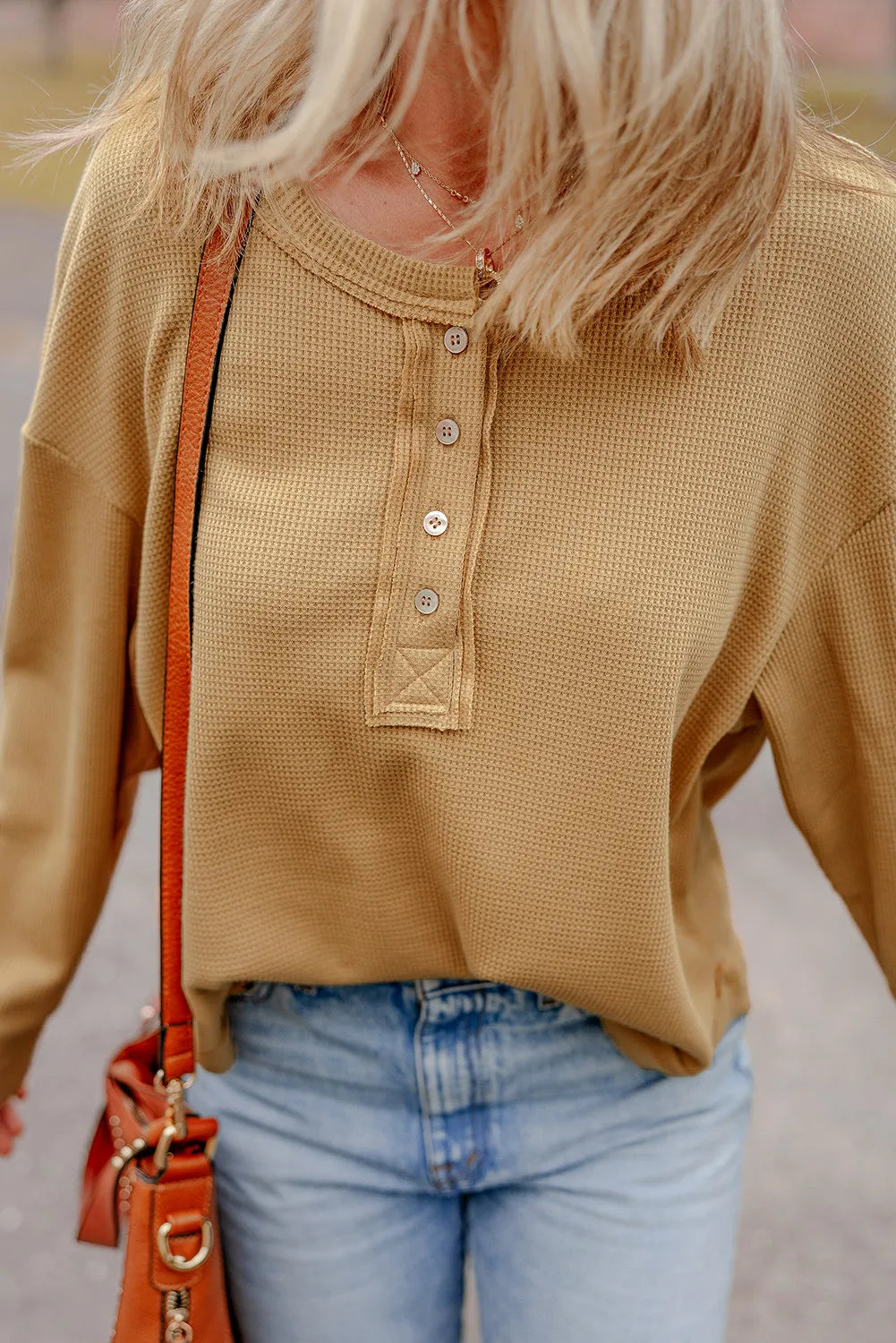 Waffle-Knit Half Button Round Neck Long Sleeve Top