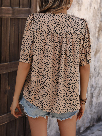 Leopard Notched Half Sleeve Blouse