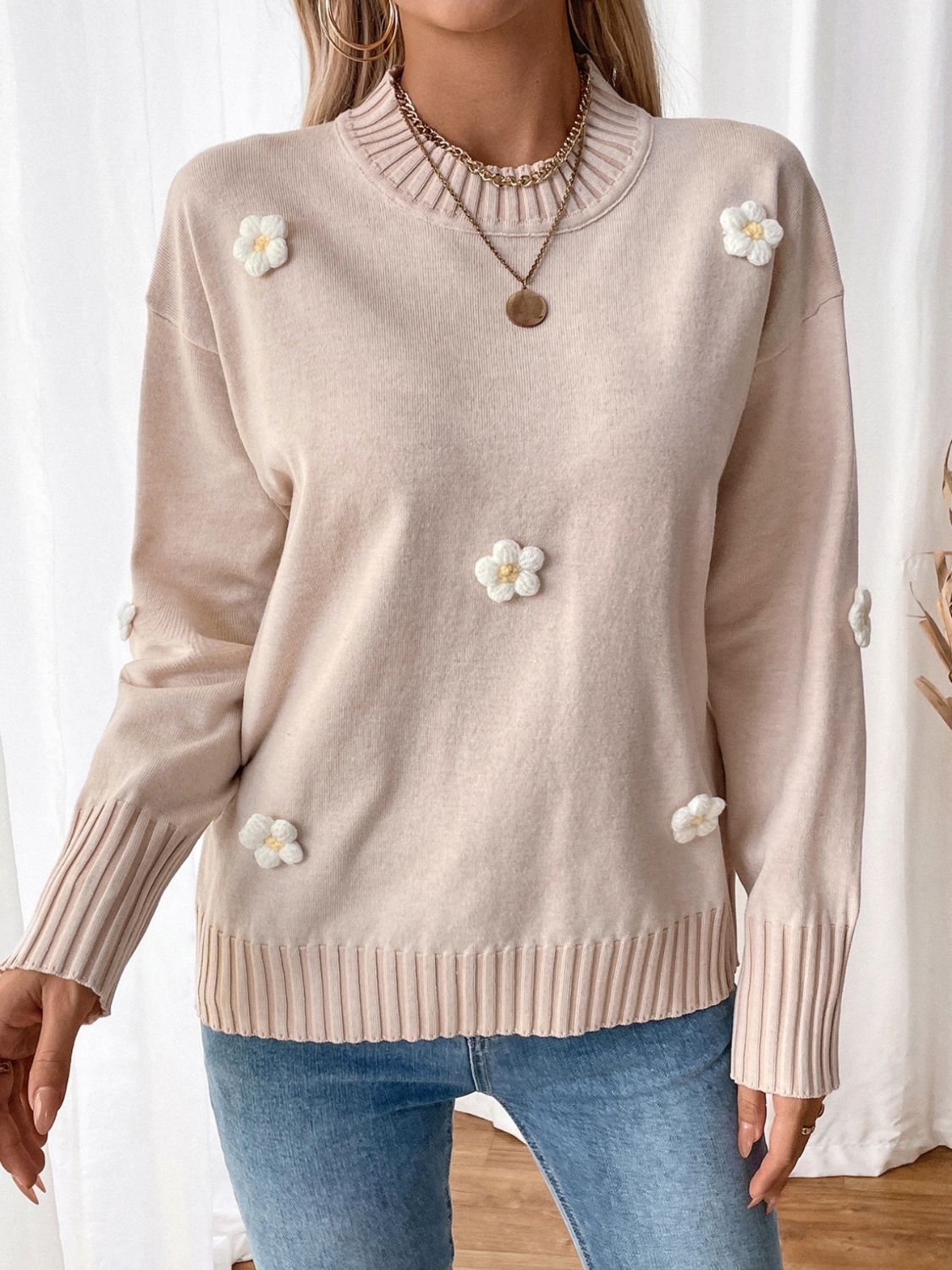 Perfee Flower Round Neck Long Sleeve Sweater