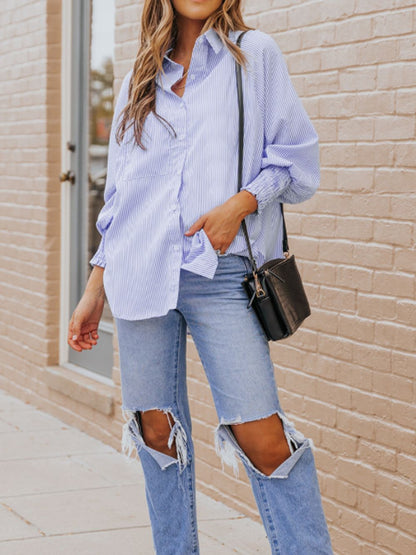 Striped Collared Neck Lantern Sleeve Shirt