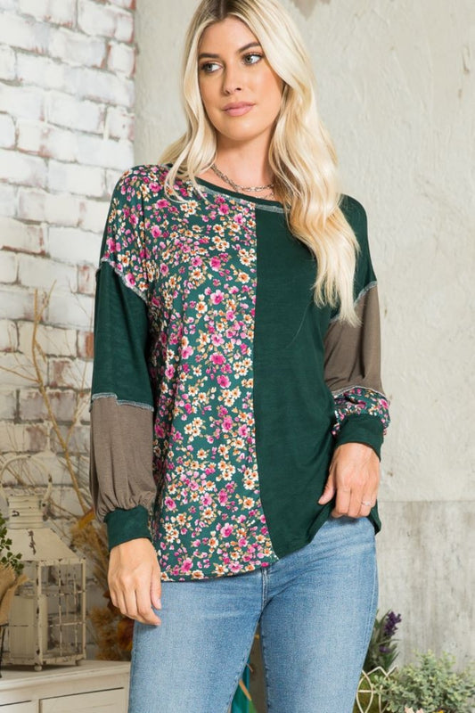 Celeste Full Size Floral Color Block Exposed Seam T-Shirt