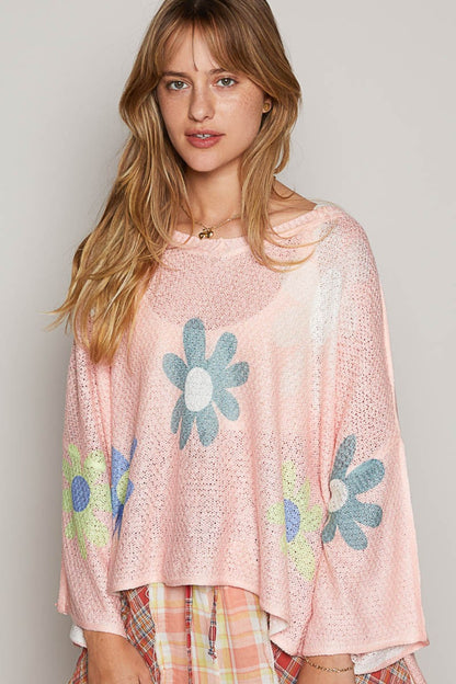 POL Flower Dropped Shoulder Long Sleeve Knit Top