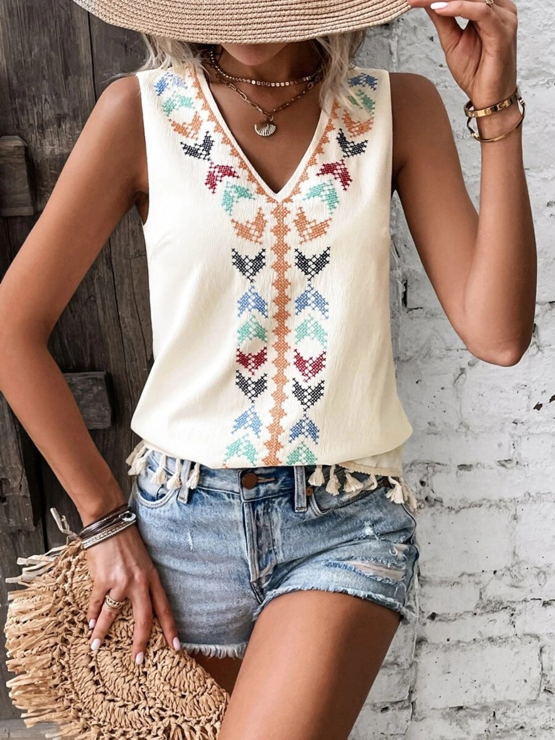 Tassel Printed V-Neck Tank