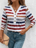 Contrast Striped V-Neck Long Sleeve T-Shirt