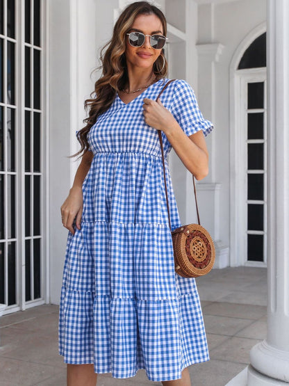 Plaid V-Neck Short Sleeve Midi Dress