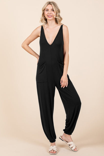 Culture Code Full Size Plunge Sleeveless Jumpsuit with Pockets