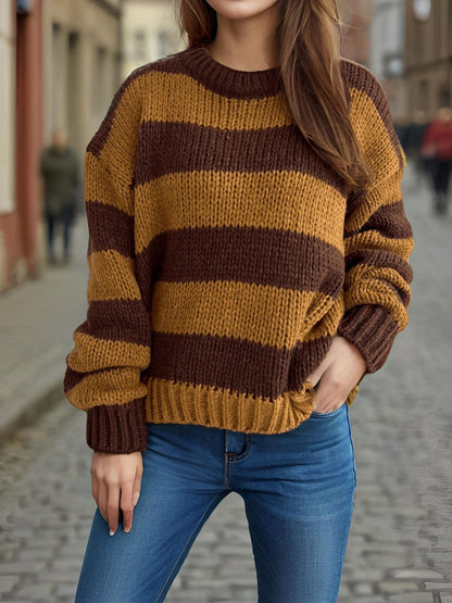 Contrast Striped Round Neck Long Sleeve Sweater