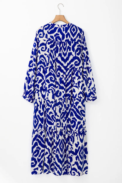 Tiered Printed Notched Long Sleeve Midi Dress