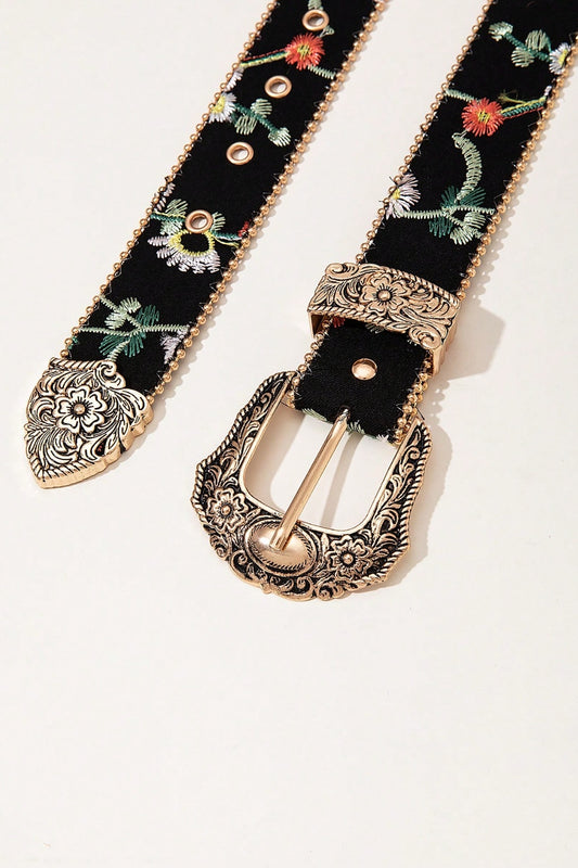 Embroidered PU Leather Adjustable Buckle Belt