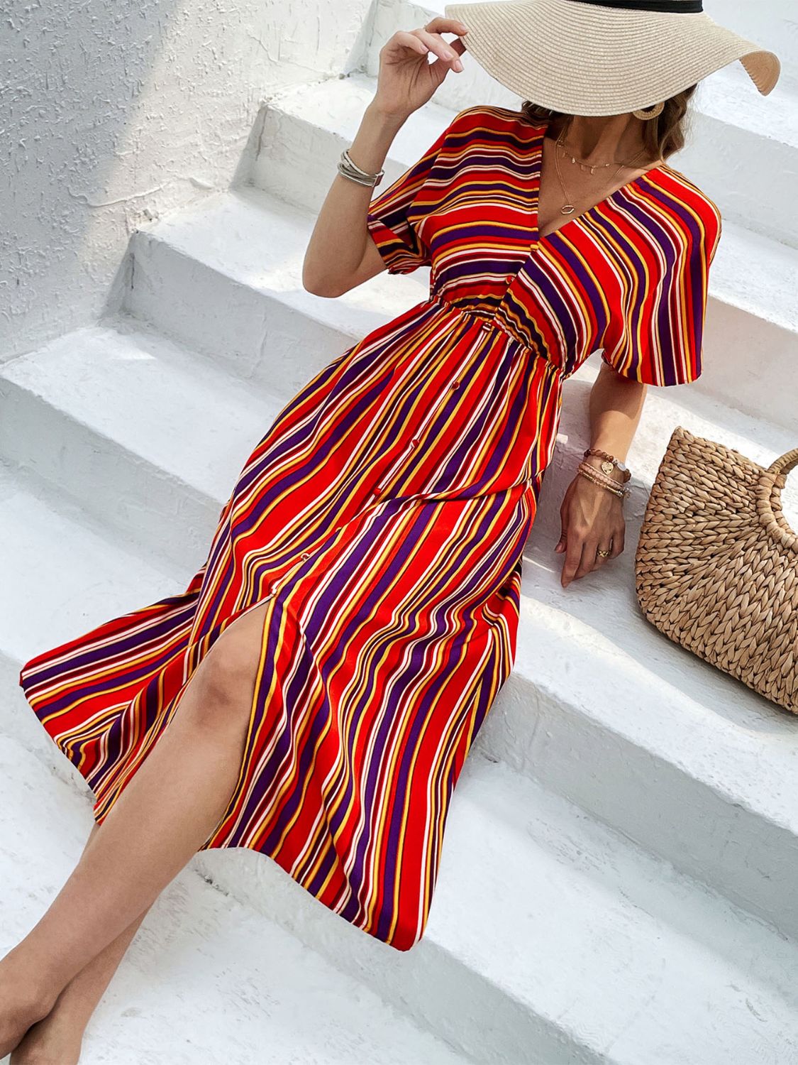 Slit Striped V-Neck Short Sleeve Midi Dress