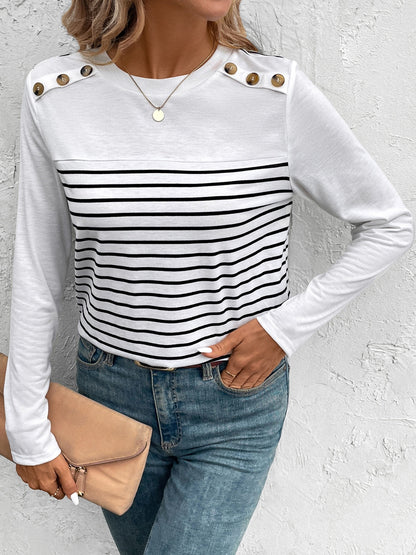 Decorative Button Striped Round Neck Long Sleeve T-Shirt