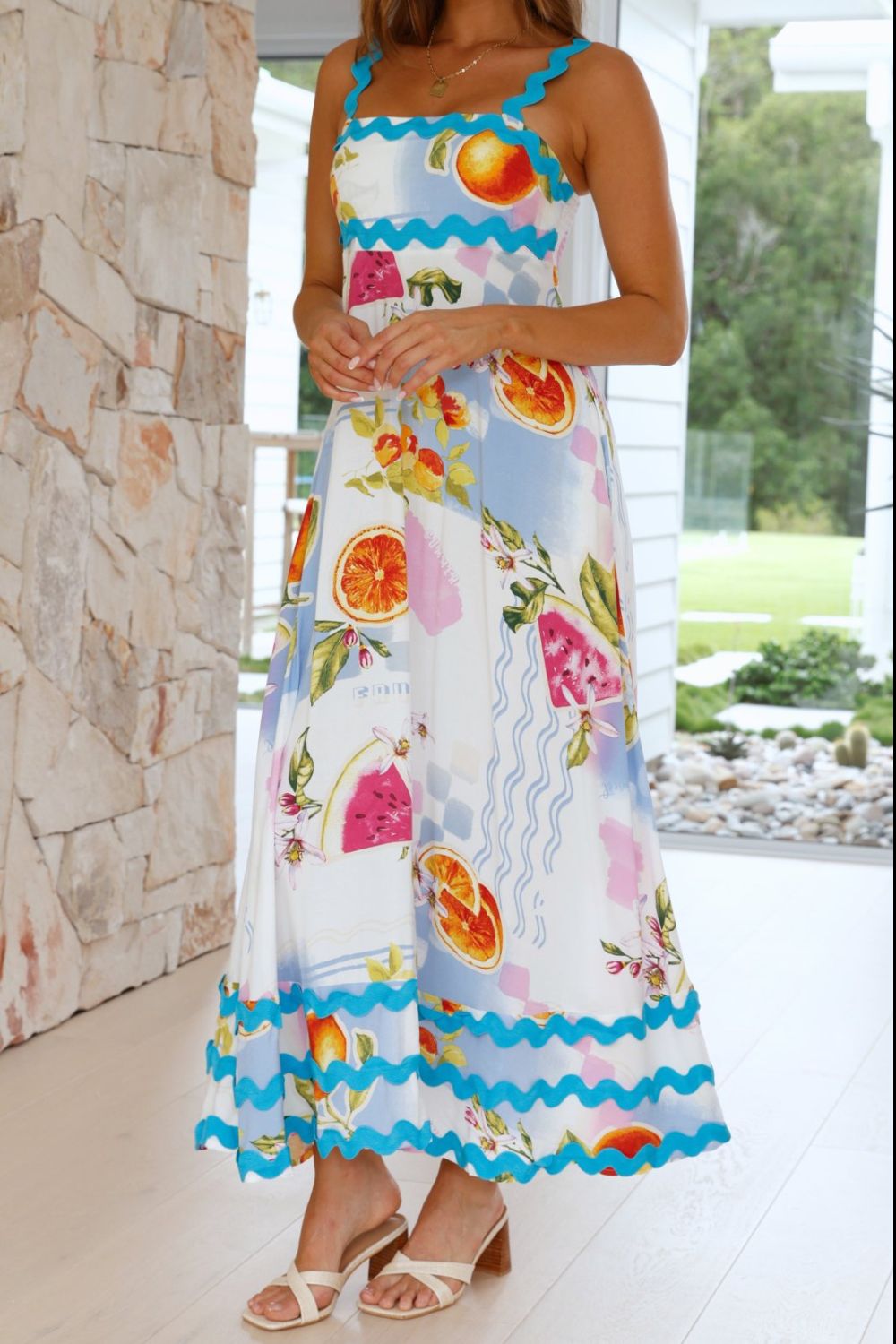 Printed Square Neck Wide Strap Dress