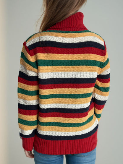 Contrast Stripes Turtleneck Long Sleeve Sweater