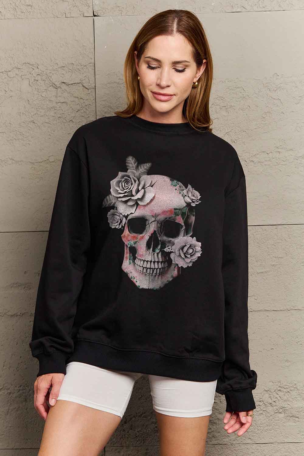 Simply Love Simply Love Full Size Dropped Shoulder SKULL Graphic Sweatshirt