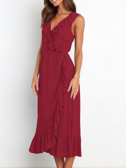 Ruffled Surplice Sleeveless Midi Dress