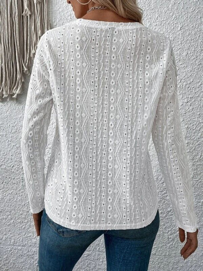 Eyelet Round Neck Long Sleeve Blouse