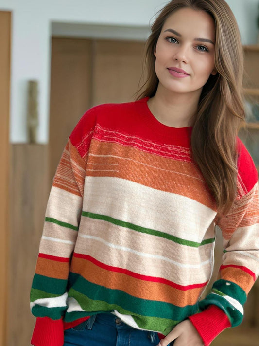 Contrast Striped Round Neck Long Sleeve Sweater