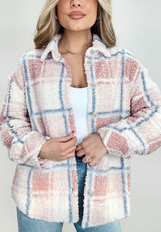 Plaid Button Up Collared Neck Sherpa Jacket