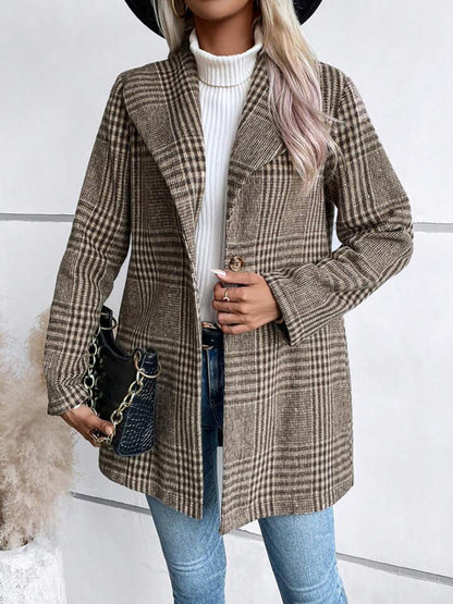 Plaid Collared Neck Long Sleeve Jacket