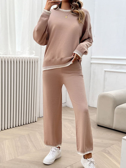 Round Neck Dropped Shoulder Top and Pants Sweater Set