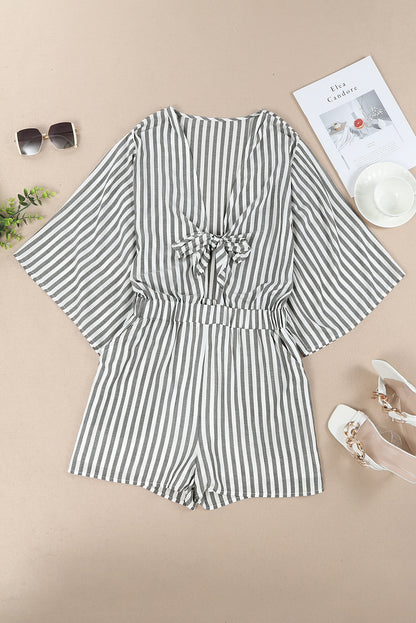 Tied Striped Three-Quarter Sleeve Romper