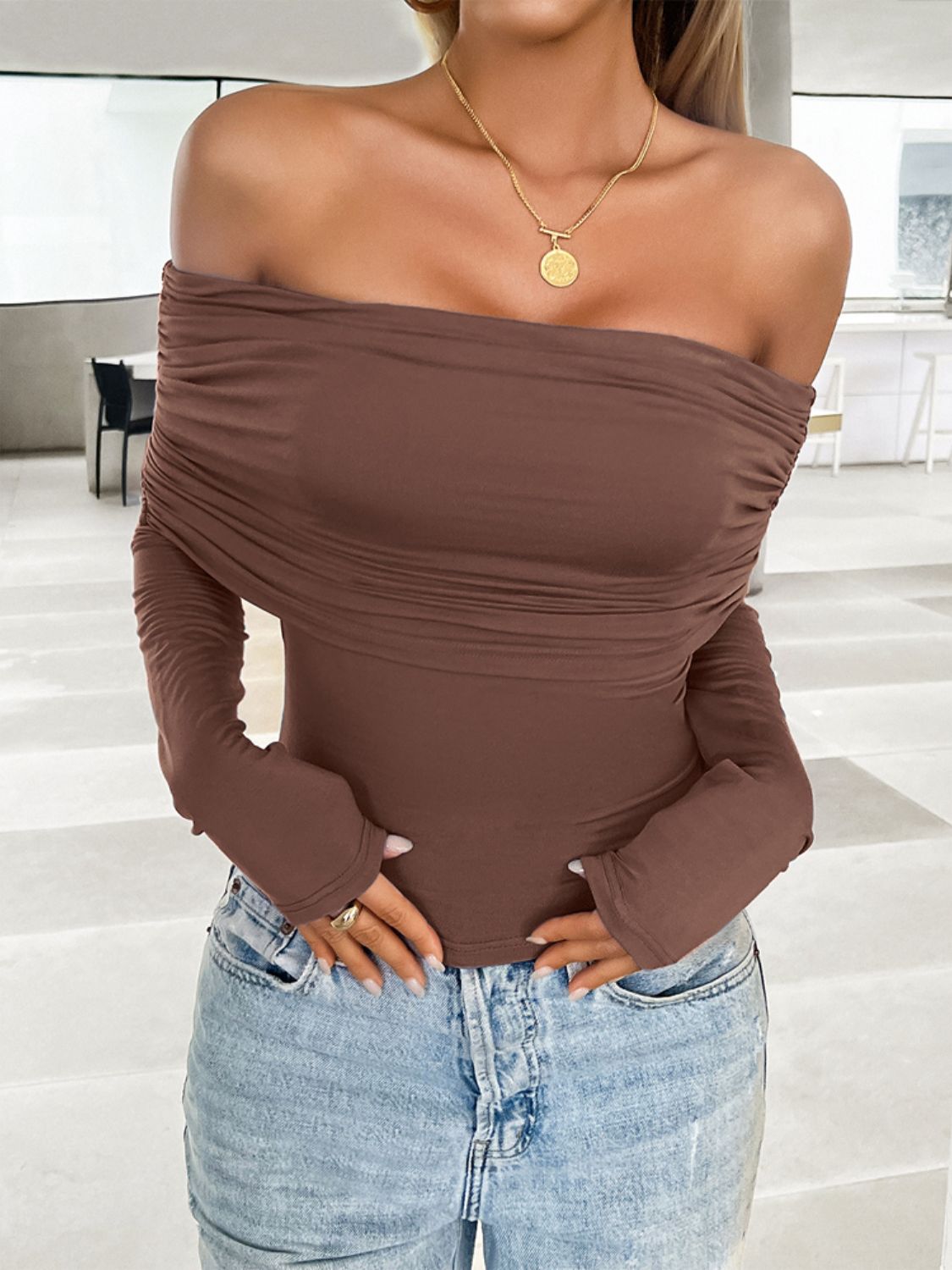 Ruched Off-Shoulder Long Sleeve T-Shirt