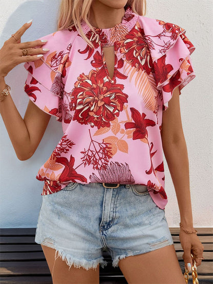 Ruffled Printed Round Neck Short Sleeve Blouse