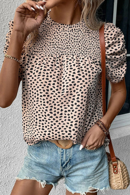 Smocked Animal Print Puff Sleeve Blouse