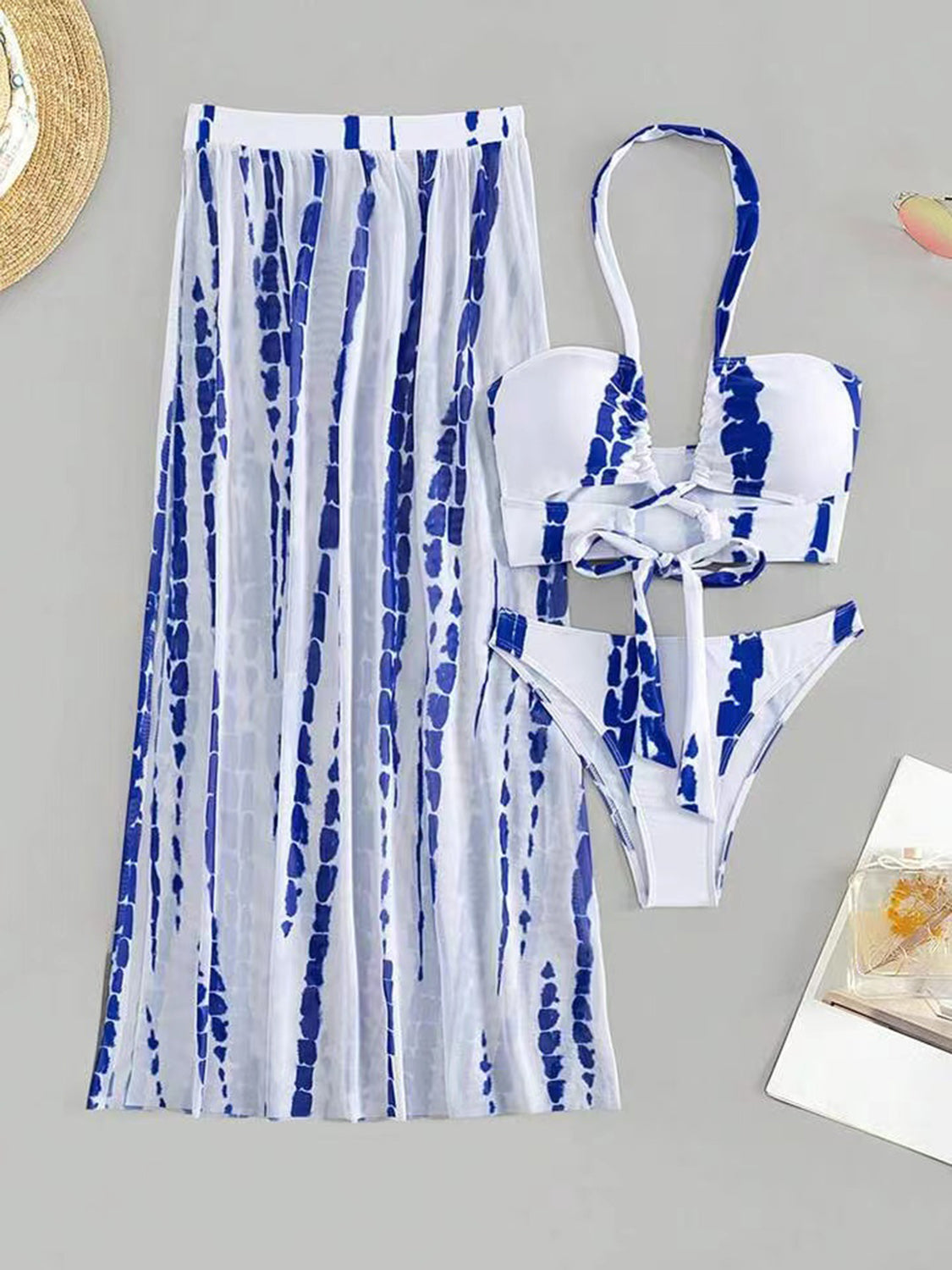 Printed Halter Neck Three-Piece Swim Set