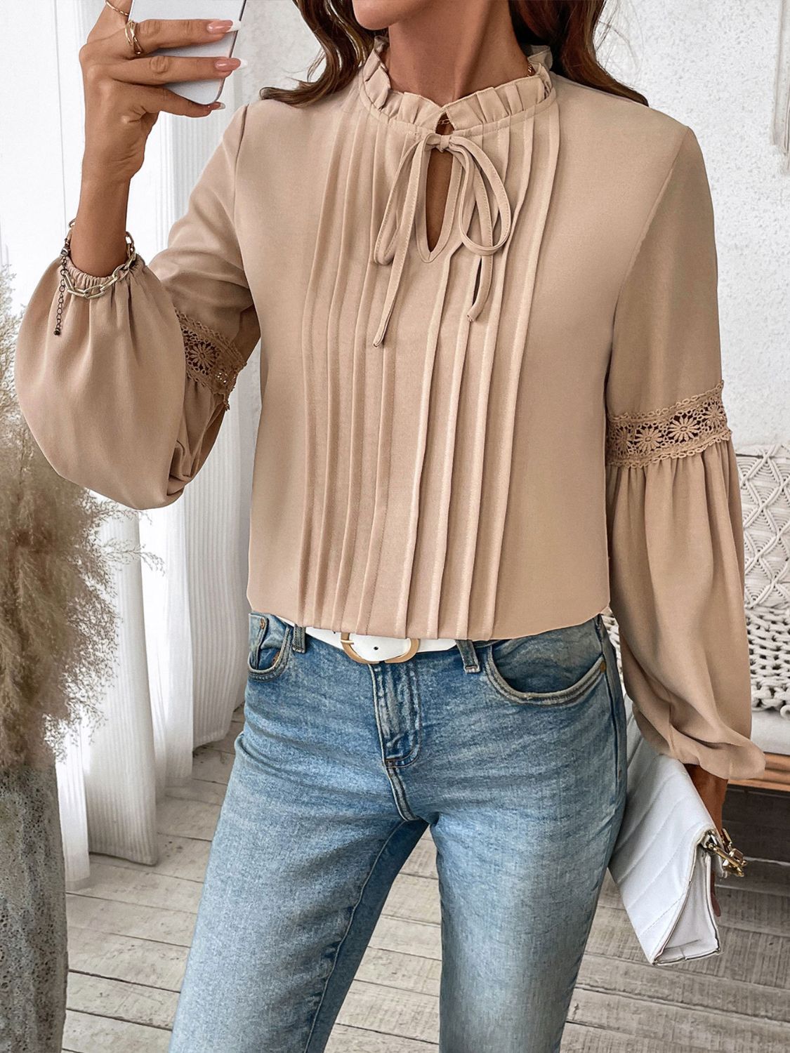 Perfee Frill Tie Neck Long Sleeve Blouse