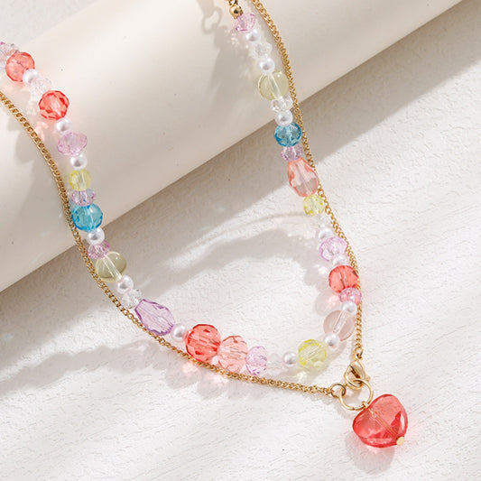 Beaded Double-Layered Heart Pendant Necklace