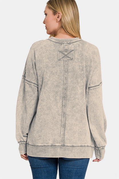 Zenana Exposed Seam Round Neck Dropped Shoulder Sweatshirt