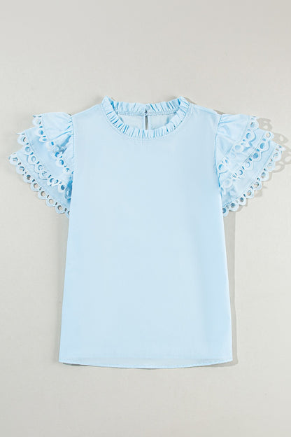 Ruffled Eyelet Round Neck Cap Sleeve Blouse