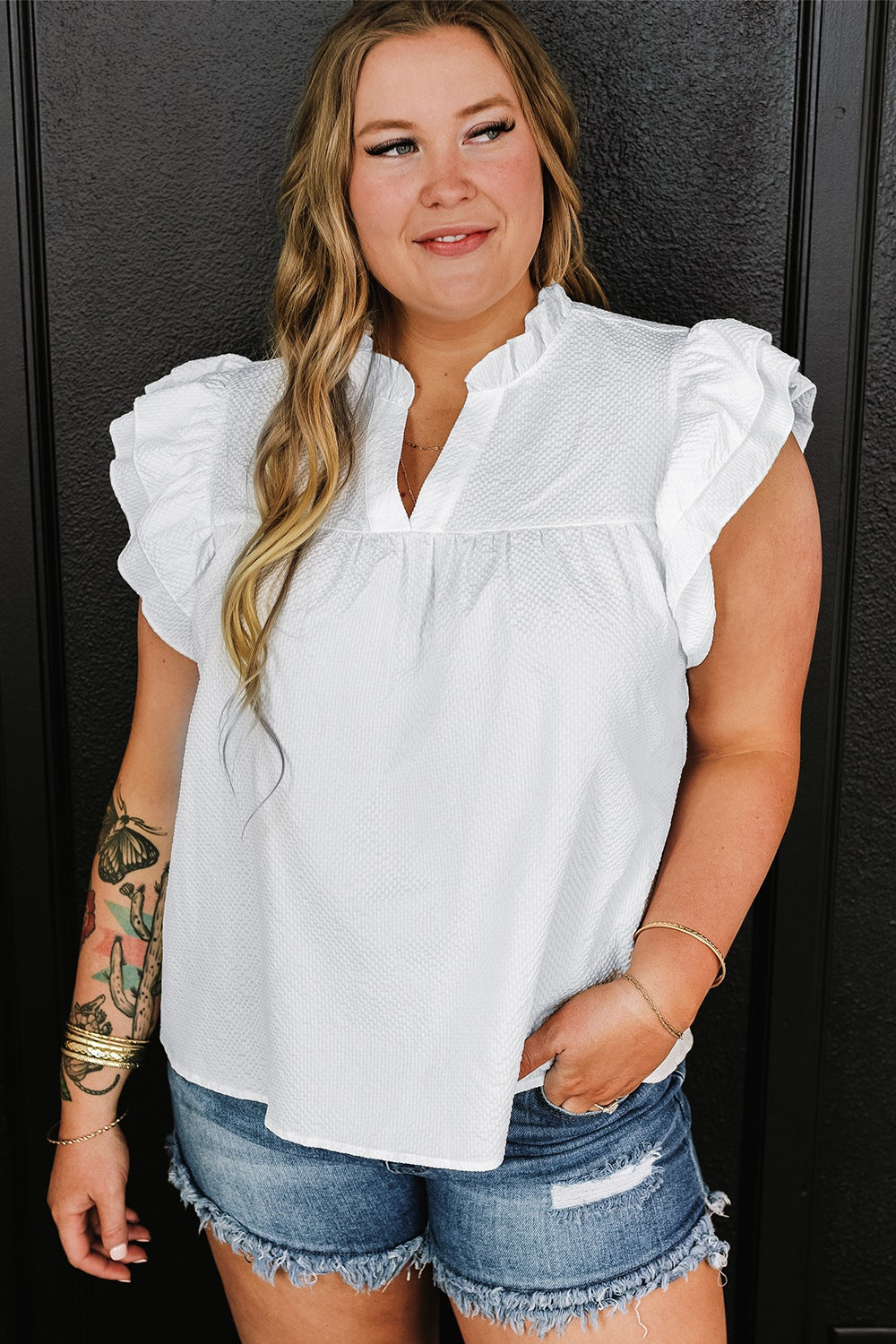 Plus Size Ruffled Notched Cap Sleeve Blouse