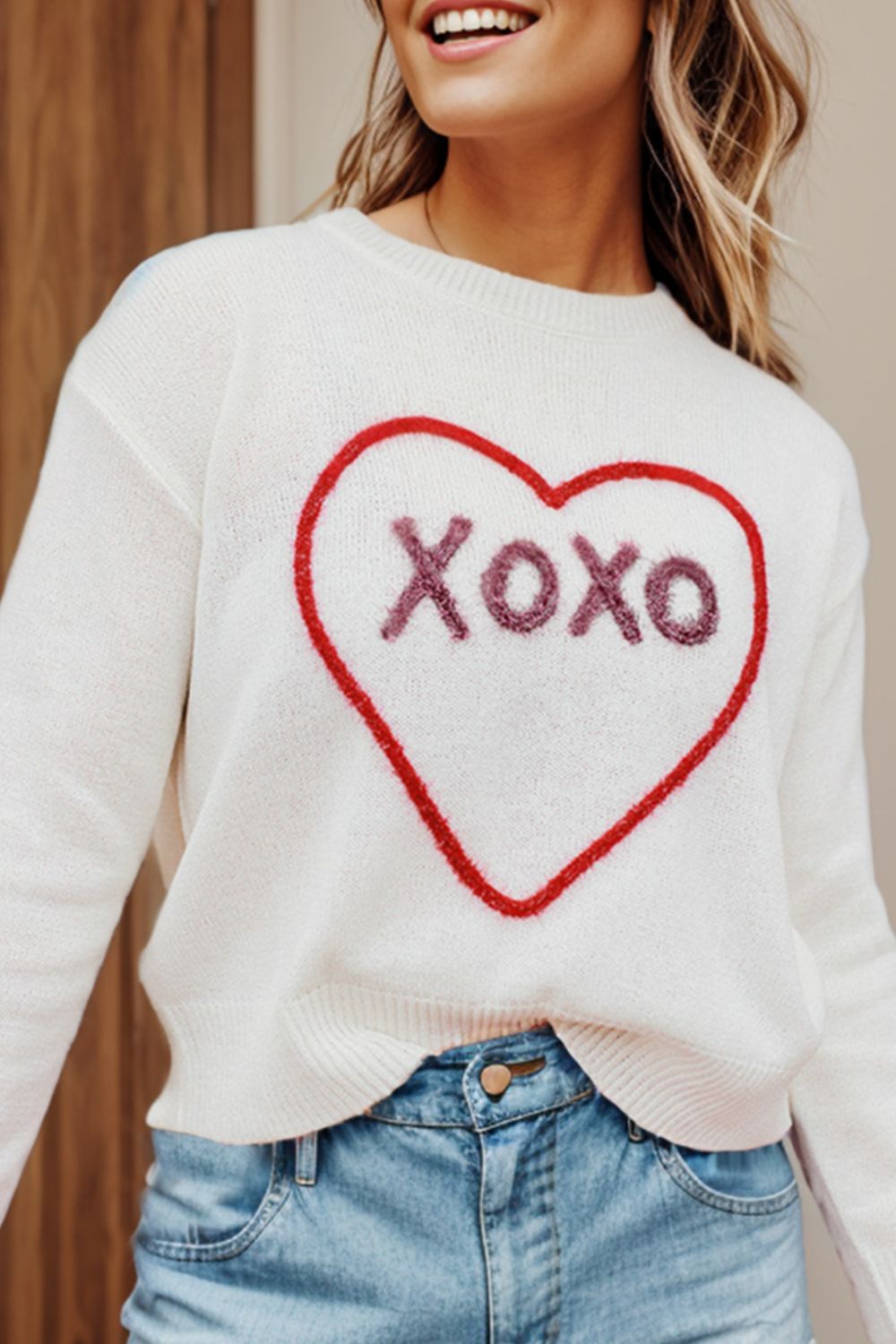 XOXO Round Neck Drop Shoulder Sweater