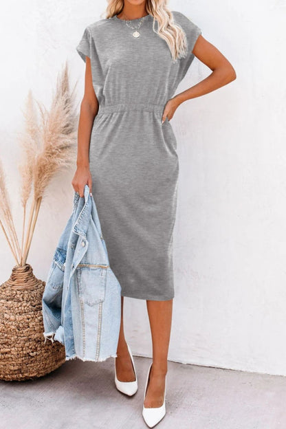 Pocketed Round Neck Cap Sleeve Dress