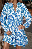 Ruffled Printed Notched Long Sleeve Dress