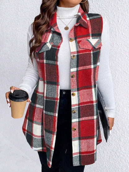 Honey Plus Size Pocketed Plaid Button Up Vest Coat